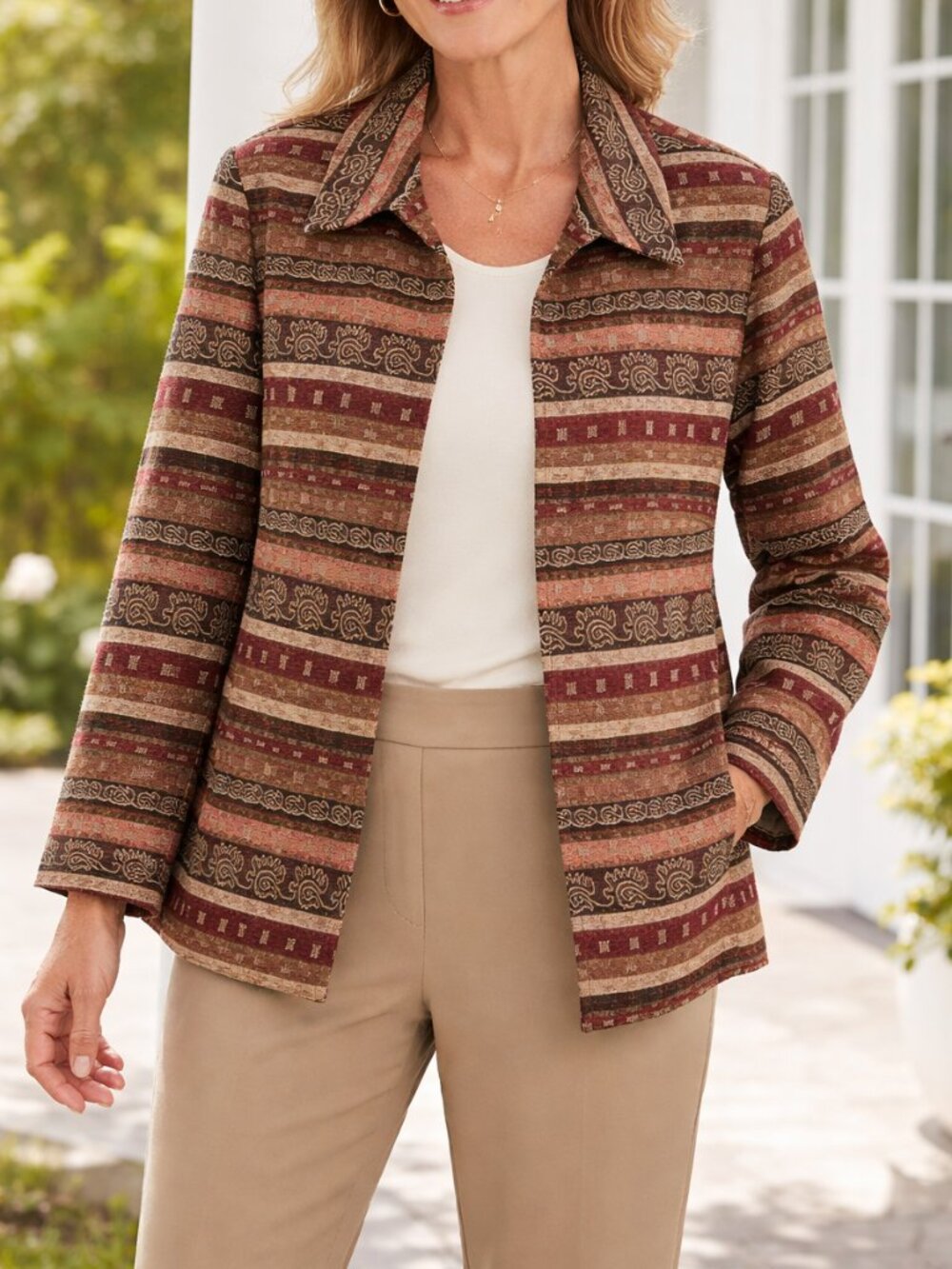 Alfred Dunner Vintage Tapestry Brown Striped Open Front 18W Blazer Jacket